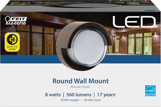 Feit Electric Outdoor LED Wall Sconce, Round Wall Mount Light Fixture, Dusk-to-Dawn, 5000K Daylight, Hardwired, Bronze Finish, Polycarbonate Lens, 50,000-Hour Lifetime, S5RWM/850/DD/BZ