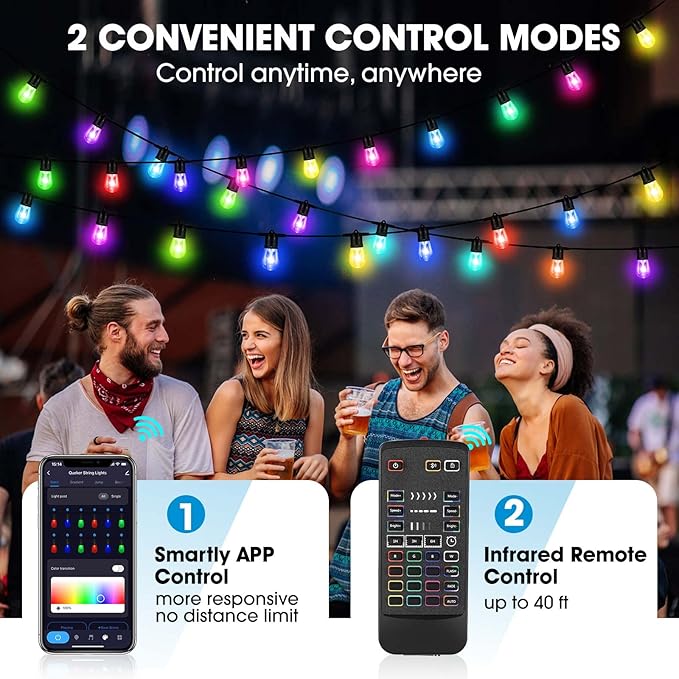 Upgrade 100ft Outdoor String Lights,Smart RGB Christmas LED Lights Work with Alexa, Waterproof Outside Patio String Lights with 30 Dimmable LED Bulbs,Color Changing Outdoor Lights with App & Remote