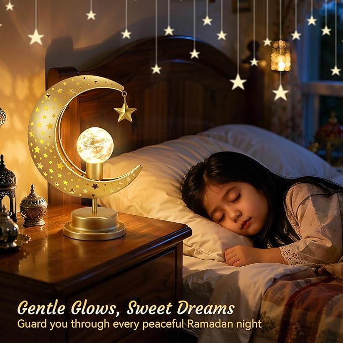 Lewondr Ramadan Moon Lamp, Crescent Moon with Star Table Lamp, Battery Powered Ramadan Desk Lamp Decorations Crescent Table Light Bedside Night Stand Desktop Living Room Home Decor, Eid Mubarak Decor