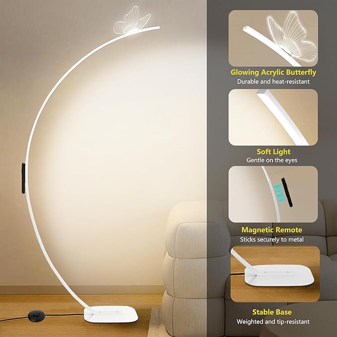 Modern Butterfly Arc Floor Lamp - Dimmable 2000 Lumens Arched Floor Lamp with Remote Control, 3 Color Modes & Foot Switch, Elegant Arc Floor Lamps for Living Room, Bedroom, Office Decor (White)