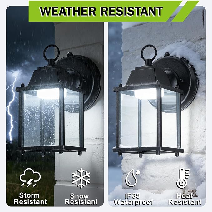 LIT-PaTH Dusk to Dawn Outdoor Wall Lantern, LED Wall Sconce, 5000K Daylight White, 9.5W, 800 Lumen, Aluminum Housing Plus Glass, Outdoor Rated, 2-Pack, Black