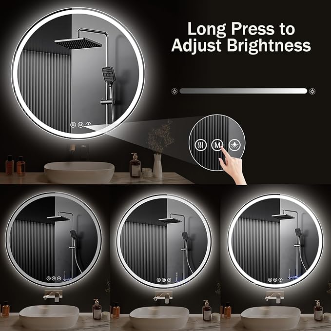 LED Bathroom Mirror 30 Inch Round Bathroom Mirror with Lights, Circle LED Mirror, Wall Mounted Lighted Bathroom with 3 Colors Brightness, Anti-Fog, Dimmable, Shatter-Proof