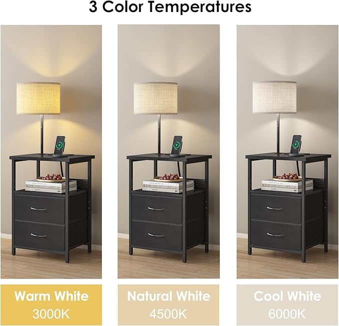 Fixwal Bedside Table with 3 Color Temperature Reading Light, Nightstand with LED Light & Charging Station End Table with Adjustable Fabric Drawer for Bedroom, Dorm, Black