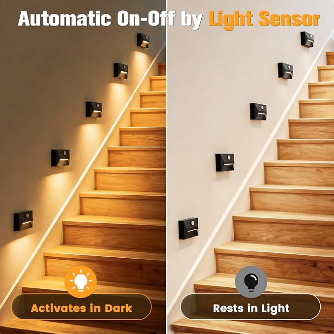 VOLISUN Motion Sensor Stair Light Rechargeable 4 Pack, Night Lights 3 Modes & 3 Color Temperatures, Magnetic Rechargeable Stick-On Lights for Stairs, Hallway, Cabinet(Black)