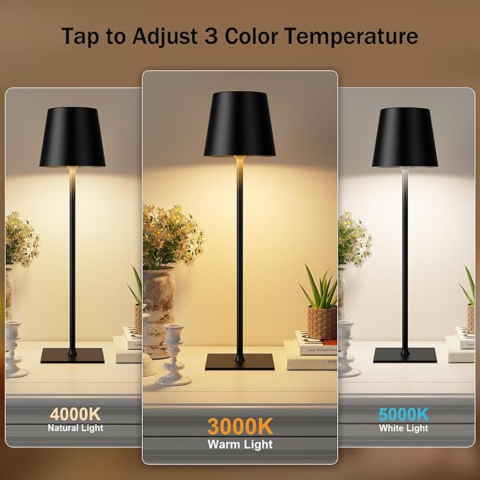 Black Cordless Rechargeable Table Lamp, 4 Pack Portable Desk Lamp with 5000mAh Battery, Touch Control Stepless Dimming, Wireless Night Light for Dining, Outdoor Camping, Coffee Shop, Waterproof Design