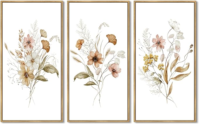 KUVIOKE Floral Wall Decor Colorful Bouquet Wall Decor Botanical Pictures for Office Dining Room Hallway Wall Art 8x16in3pcs Natural Framed