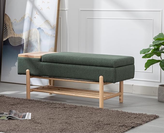Modern Entryway Storage Bench, Upholstered Shoe Ottoman Bench, Flip-Top End of Bed Bench with Wood Shelf/Coffee Table for Living Room/Bedroom/Hallway/Under Window,46.5 Inches,Green Linen