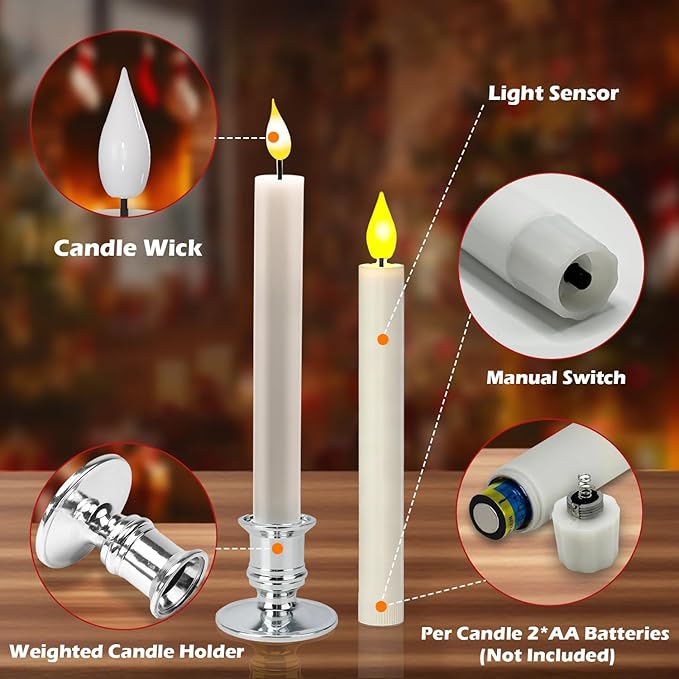 Pruk 10-Pack Flameless LED Candles w/Remote, Realistic Flickering Flame, Battery Operated Window Candles, Timer & Dimmer, Weighted Base, 10.8" Tall (Silver)