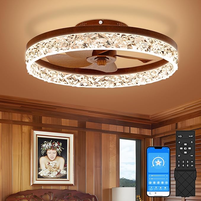 VOLISUN Farmhouse Ceiling Fans with Lights and Remote, 19.7in Low Profile Ceiling Fan Flush Mount, 3000K-6500K Dimmable Bladeless Fandelier Ceiling Fans with Lights for Bedroom(Walnut)