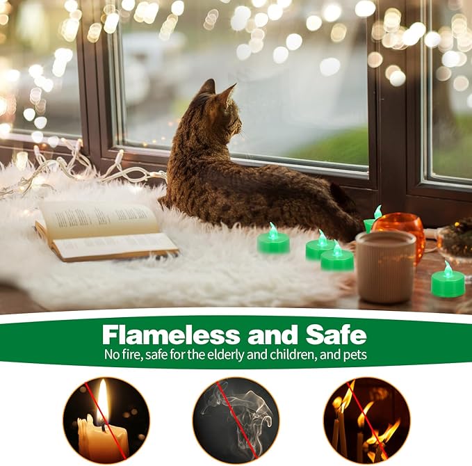 KOABY 12 Pack Green Light Non-Flickering Flameless Tea Lights, Green Base, Last 100H+, Battery Operated Tea Lights for Decor