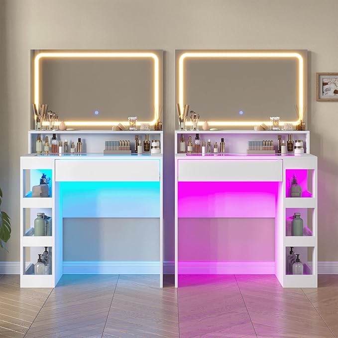 Makeup Vanity Desk with Mirror and Lights, LED Tempered Glass Top, 3 Lighting Modes Brightness Adjustable,Power Outlet,Bedroom Dressing Table, Snow White