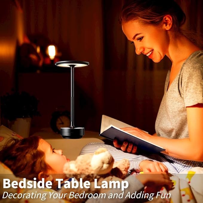 Cordless LED Table Lamp, Rechargeable Touch Control Desk Lamp Battery Operated Nightstand Night Light with Dimmable Brightness for Living Room, Home Office, Restaurant (Black)