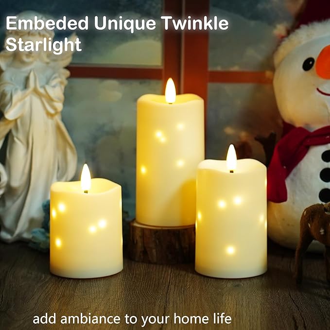 Flameless Candles Embeded Twinkle Starlight, Waterproof LED Flameless Candles with Remote, Plastics Realistic Pillar Candles for Home Decor, Outdoor Garden, Patio Decor 3pcs(Ivory)