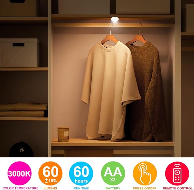 BIGMONAT Puck Lights with Remote, 80Lumen Battery Operated Under Cabinet Lights, Dimmable and Timmer Stick On Lights,Wireless Closet Light for Closet,Kitchen (White, 3Pack)