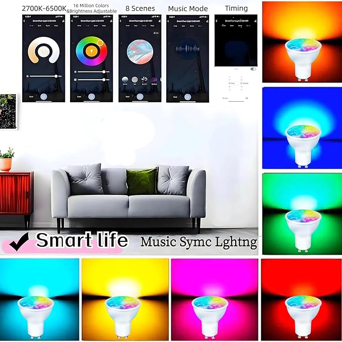 Smart Gu10 LED Bulbs Dimmable Color Changing,RGB Gu10 Bulb, WiFi & Bluetooth LED Bulb Work With Alexa Google, Adjustable 16 Million Color And Music Sync,For Living Roomn Bedroom Office Hotel Etc.4Pack