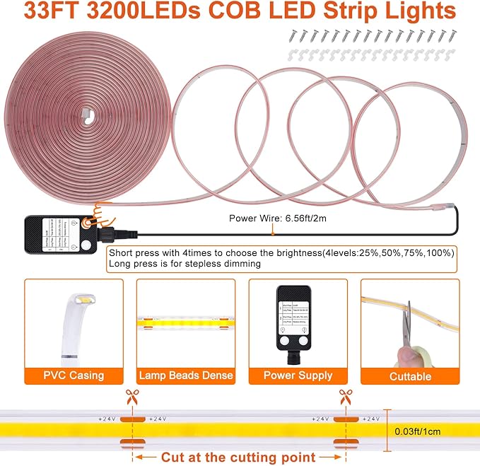 OMIKA Red 33FT COB LED Strip Lights Outdoor Waterproof, 3200 LED Plug in Strip Light PVC Casing Tape Light Flexible with Self-Adhesive Timer Dimmable for House Garden Camping DIY
