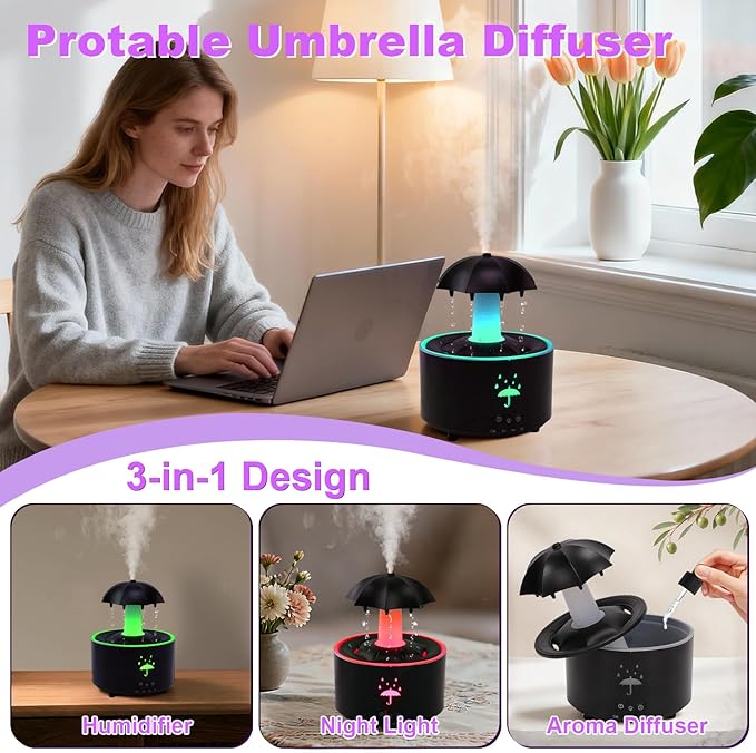 Rain Humidifier Oil Diffuser, Raindrop Essential Oil Aromatherapy Diffuser for Bedroom, 360° Rotating Raindrop & 7 LED Mood Lights, Auto Shut-Off, Quiet Cool Mist Humidifier for up to 24 Hrs