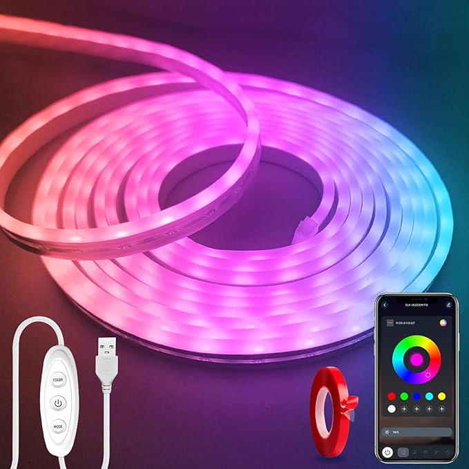 YeewhaleNeon Rope Lights，10ft RGB LED Strip Lights with App Control,Music Sync Flexible DIY Design 5V Neon Lights for Bedroom,Living Room,Gaming,and Party Decoration(with Adhesive Backing)