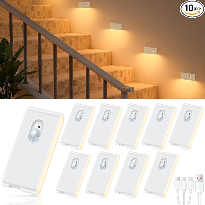 WILLED Rechargeable Night Light, Warm White Stair Lights Indoor, Wireless Motion Sensor Night Light, Stick On Lights for Stairs, Hallway, Stairway, Bathroom, Bedroom, Kitchen, 10 Pack
