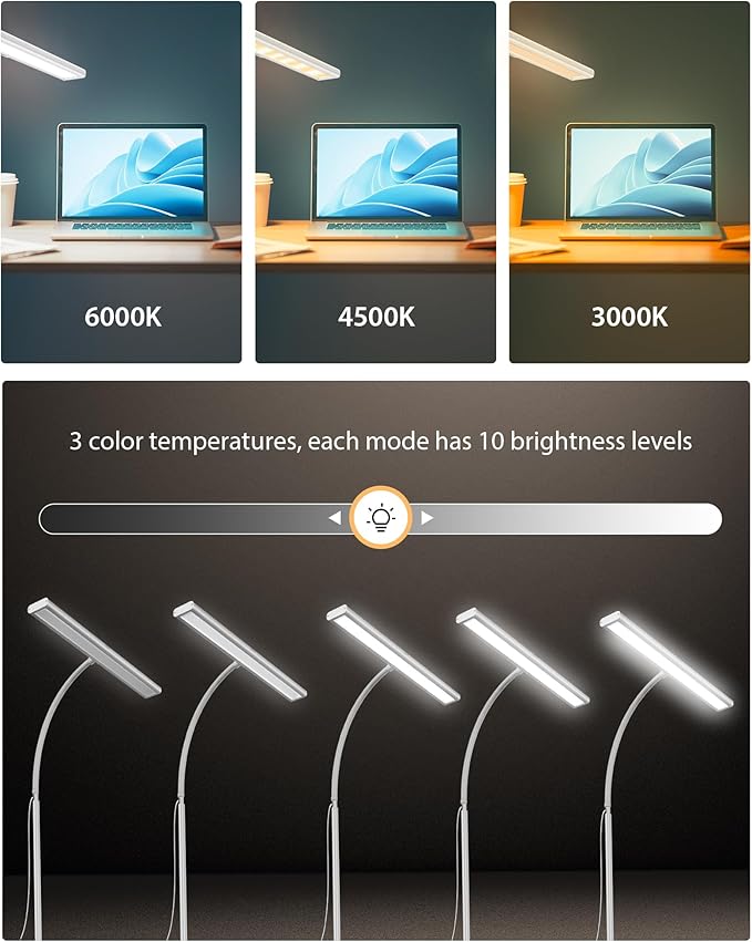 Desk Lamp with Remote, Adjustable Brightness, Eye-Caring LED Light, Rotatable Head, USB with Adapter, Space-Saving Design for Office, Study, Reading, Work, and Home Desktop Illumination - White