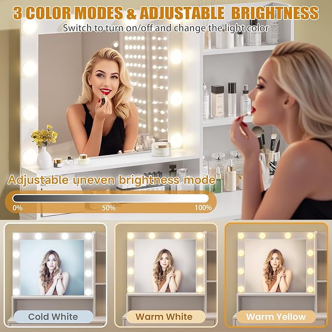 Vanity Desk with Lighted Mirror, White Vanity with 4 Drawers,Makeup Vanity with Storage Shelves and Power Outlet,10 Lights with 3 Color Modes Brightness Adjustable for Girls’ Bedroom (White)