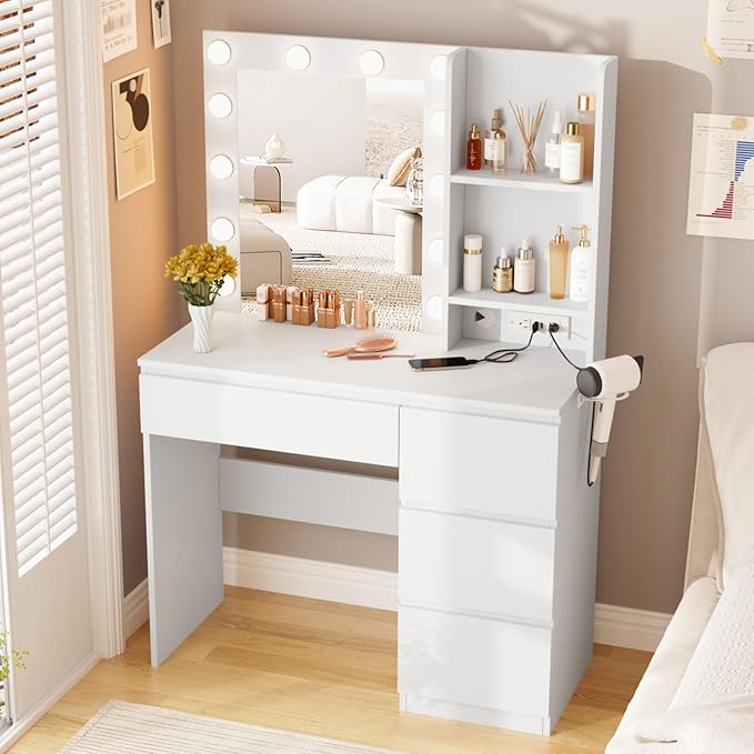 Fameill Makeup Vanity with Lights, 4 Drawers Makeup Table with Lighted Mirror, 37inch Vanity Desk with Power Strip, 3 Lighting Modes, White