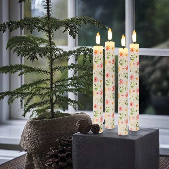 Floral Flameless Taper Candles with Remote Timer, LED Taper Candles Battery Operated Warm 3D Wick Flickering, Real Wax CandleSticks, Wedding Birthday Christmas Decor
