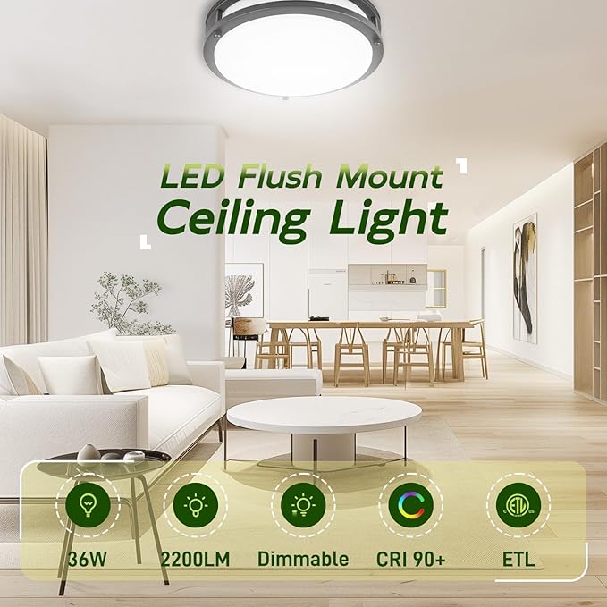 hykolity 16 inch Dimmable LED Flush Mount Ceiling Light Fixture, 36W, 2200LM, 2.7/3/3.5/4K/5K Adjustbale, 120°Light Angle, CRI90, Ceiling Lamp for Bedroom, Kitchen, Office, ETL Listed 2Pack