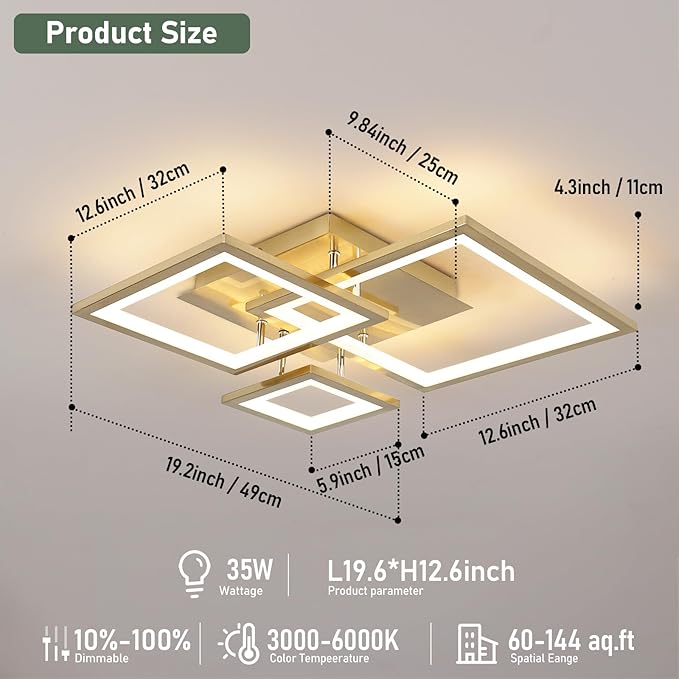 Modern Gold Led Ceiling Light 3-Square Design 3000K-6500K Dimmable LED Ceiling Light with Remote 33W Acrylic Ceiling Lighting Fixture for Bedroom Kitchen Dining Room Office Lamps
