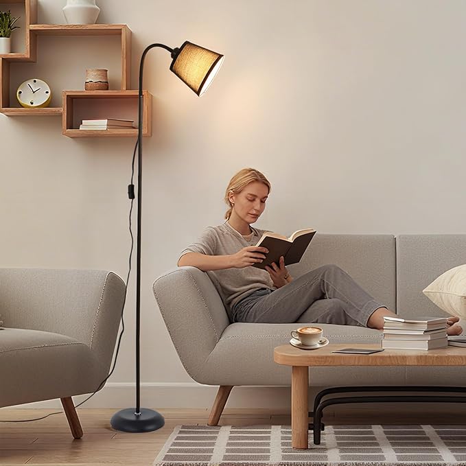 AoMck Floor Lamp, Industrial Metal Floor Lamps for Living Room with Adjustable Bendable 2 in 1 Reading Table Lamps for Living Room Bedroom Office (B+Black Shade)