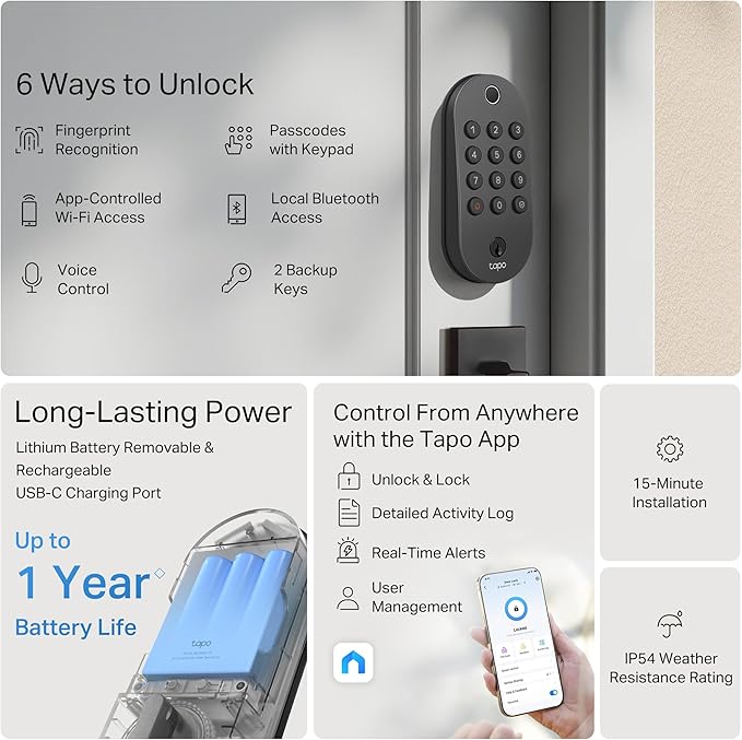 Tapo Smart Wi-Fi Deadbolt Door Lock - Fingerprint Recognition, Keyless Tactile Buttons & in-App Monitoring, Auto-Lock, IP54, BHMA Certified, Compatible with Standard Door Sizes, Tapo DL105
