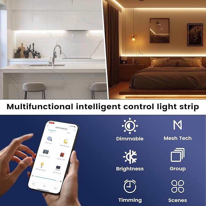 MYPLUS Under Cabinet LED Lights, 16.4ft LED Strip Lights, Tunable Color Temps and Bright 1123 Lumens,Dimmable, 14W, 24V Bluetooth APP Control Rope Lights for Bedroom,Vanity,Cabinet,Kitchen