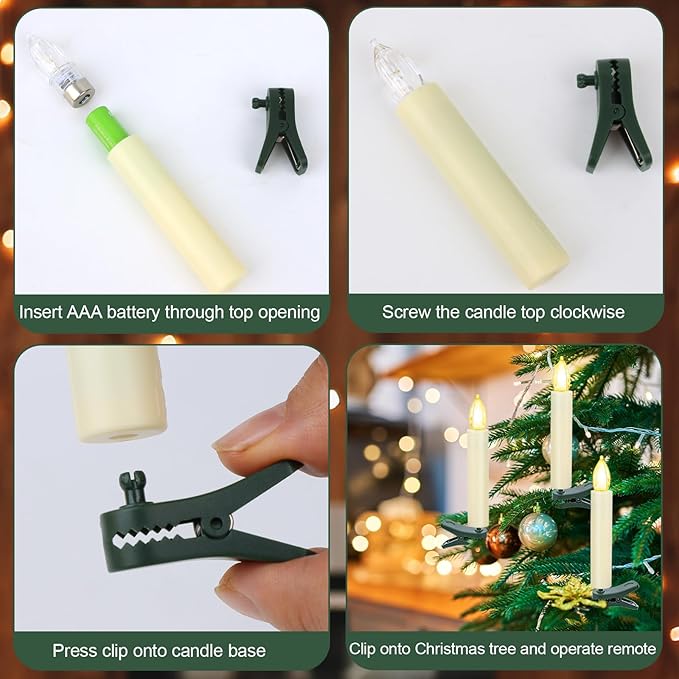 LED Christmas Candles, Flickering Clip on Candles for Christmas Tree, Battery Operated with Remote Timer, Warm White Light, Flameless Taper Candle for Home Christmas Decor, Set of 20