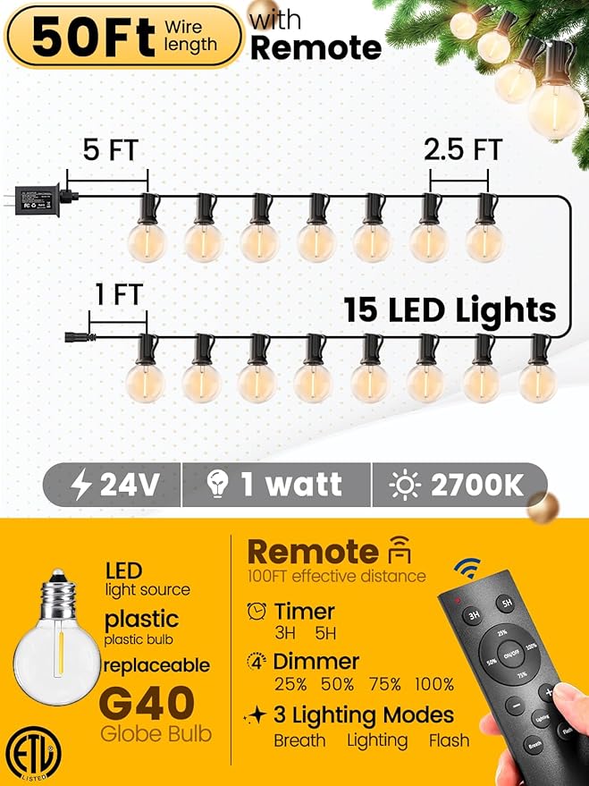 Outdoor String Lights with Remote 50FT - Dimmable Patio Lights with Waterproof G40 LED Globe Bulbs, Connectable Shatterproof Hanging Lighting for Outside Bistro Garden Backyard Deck Decor