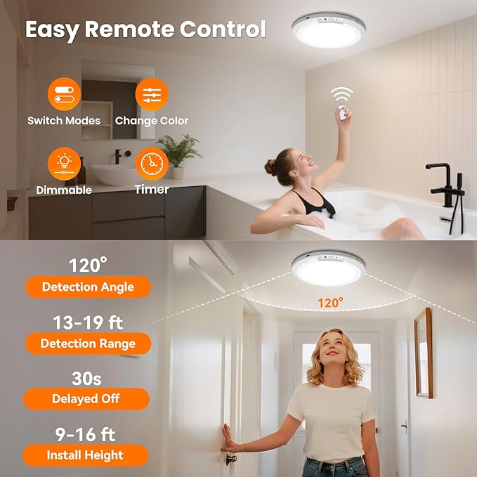 Rechargeable Motion Sensor Ceiling Light Indoor Outdoor w/Remote, 7.08 Inch Battery Operated Flush Mount Ceiling Light 3000K 4000K 6000K 400LM Dimmable for Closet Hallway Laundry Stairs (1)