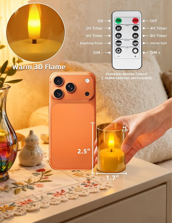 Rechargeable Acrylic Flameless Candles with Remote Timer, Flickering Warm White Tealights, Ideal for Home Decor Weddings Parties, Restaurants(Amber,Set of 6)