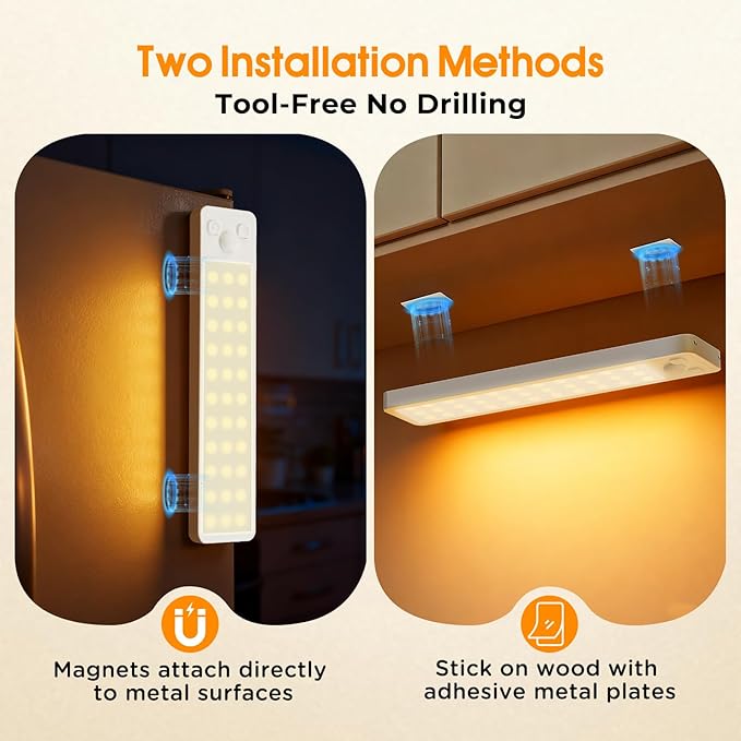 Under Cabinet Rechargeable Dimmable Lighting: 3 Color Temperature Motion Sensor Lights Indoor - Battery Operated Lights - Activated Closet Magnetic Wireless Led Light for Kitchen Home Bathroom 4 Pack