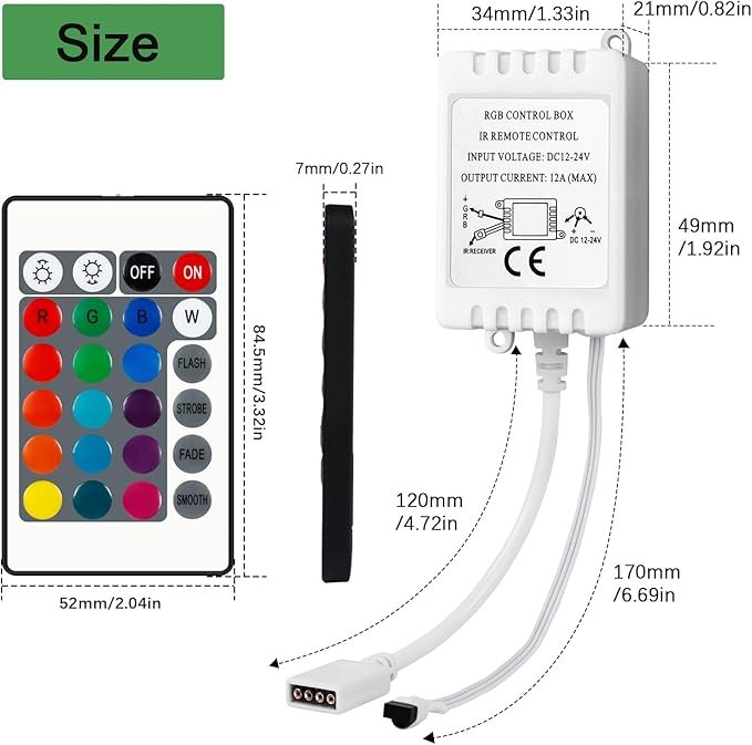 RGBZONE 24 Keys Wireless RGB LED Controller with DC 12V/24V IR Remote Control Box for SMD 5050 3528 2835 RGB LED Strip Lights