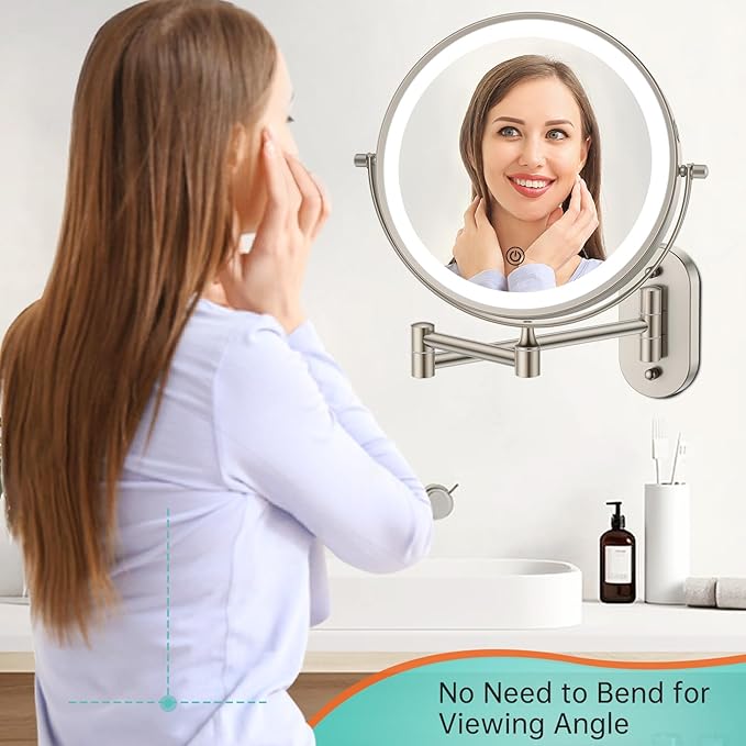 5000mAh Rechargeable Wall Mounted Lighted Makeup Vanity Mirror, Double Sided 1X 30X Magnifying Bathroom Mirror, 3 Color Lighting, Touch Screen Dimming, Extended Arm 360 Rotation Shaving Mirror