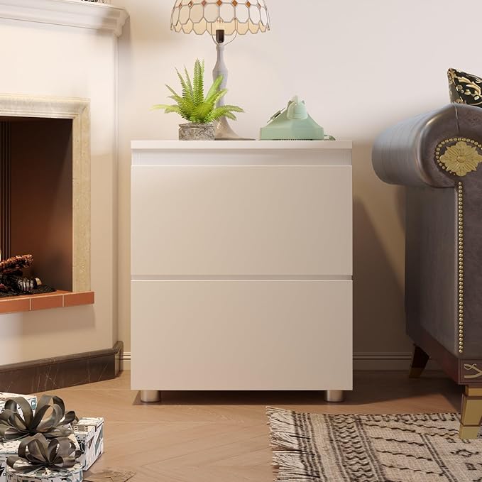 FAMAPY Modern Nightstand with 2 Drawers, Bedroom Storage Cabinet, Modern End Side Table, No Handle Design, for Living Room White 15.7”W x 11.6”D x 18.9”H