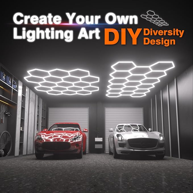 Hexagon Garage Lights : 3 Level Dimmable 476W Tube 17 Grids Hexagon LED Lights - Easy Install 6500K Super Bright Hex Lights for Warehouse, Car Detailing Shop, Exhibition Hall, Gym