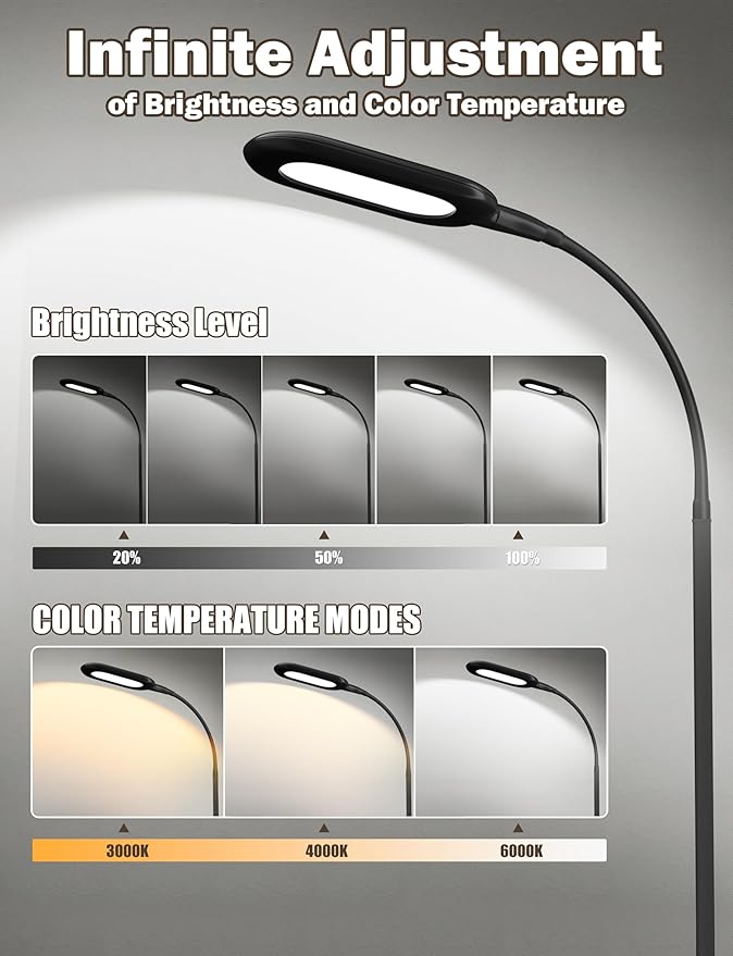 LED Floor Lamp, CRI 95+ Bright Floor Lamps for Bedroom with 4 Hours Auto Off, Stepless Dimming & 3000K-6000K Colors Standing Lamp for Living Room with 360° Head Rotation Reading Lamp for Office Black