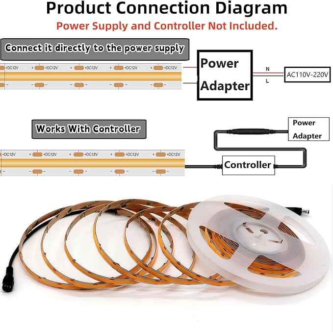 IP65 COB LED Strip Light, 480LEDs/m High Density 3000K Warm White,16.4FT DC12V Flexible Cuttable CRI90+ Uniform No-Spot Lighting for Kitchen,Bathroom&Under Cabinet,Home DIY Lighting (No Power Supply)