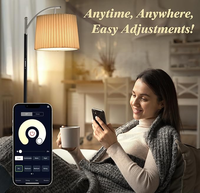Etto Floor Lamp, LED Floor Lamp with APP & Remote & Touch Control, Stepless Color Temperatures and Brightness, Tall Standing Lamp with Pleated Lampshade for Living Room, Bedroom, Office(Nickel)
