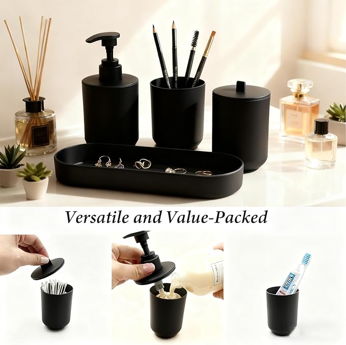 4-Piece Bathroom Accessories Set, Matte Black Plastic Countertop Organizer with Toothbrush Holder, Lotion Soap Dispenser, Qtip Holder & Vanity Tray – Modern Bathroom Decor for Home