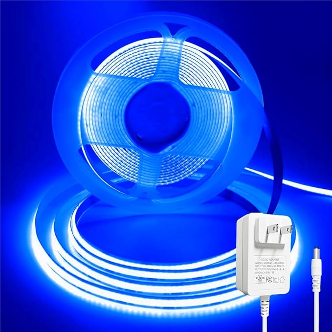 Blue COB LED Strip Light, 5M Cuttable Tape Lights with Power Plug, 1600 LEDs High Bright CRI93+ Flexible Dimmable Light Kit for Teen Boys Bedroom TV Backlight Gaming Room Monitor Kitchen Cabinet Decor