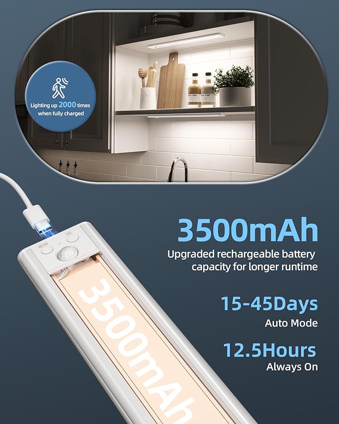 14.5inch Under Cabinet Lights, Wireless Closet Light, Motion Sensor, 3500mAh Rechargeable Battery, Magnetic, 3 Color Temps, 5 Levels Dimmable, Under Counter Lights for Kitchen (2 Pack)