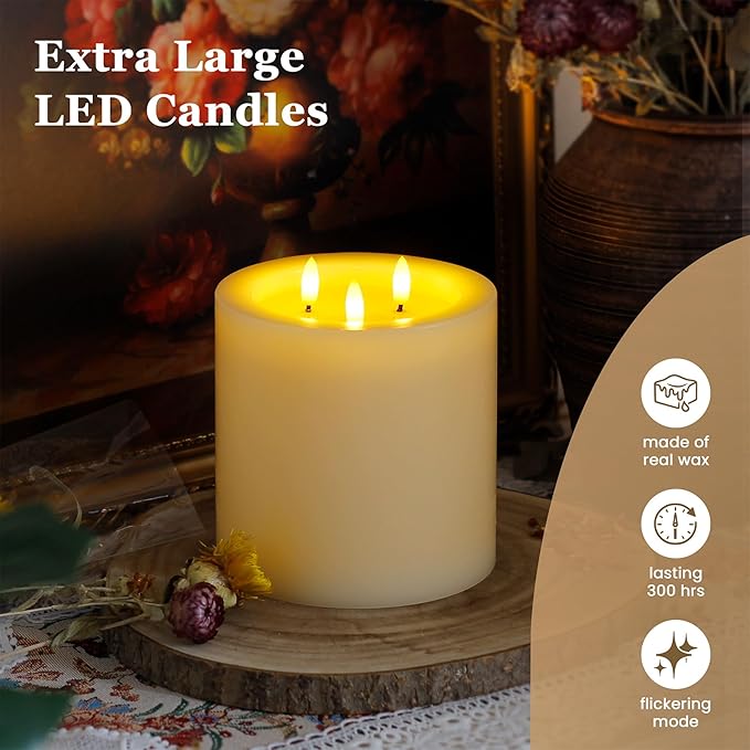 3-Wick 6"x6" Extra Large Real Wax Flameless Pillar Candles with Remote Control and Timer Function, Candle Grease Ivory Battery Operated LED Flickering 3D-Wick (Long Lasting, Warm Fire)