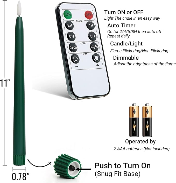 Green Flameless Taper Candles with Remote Control - 11 Inch LED Candlesticks Battery Operated, Realistic 3D Flame with Wick, Timer, Christmas Decor - Set of 6