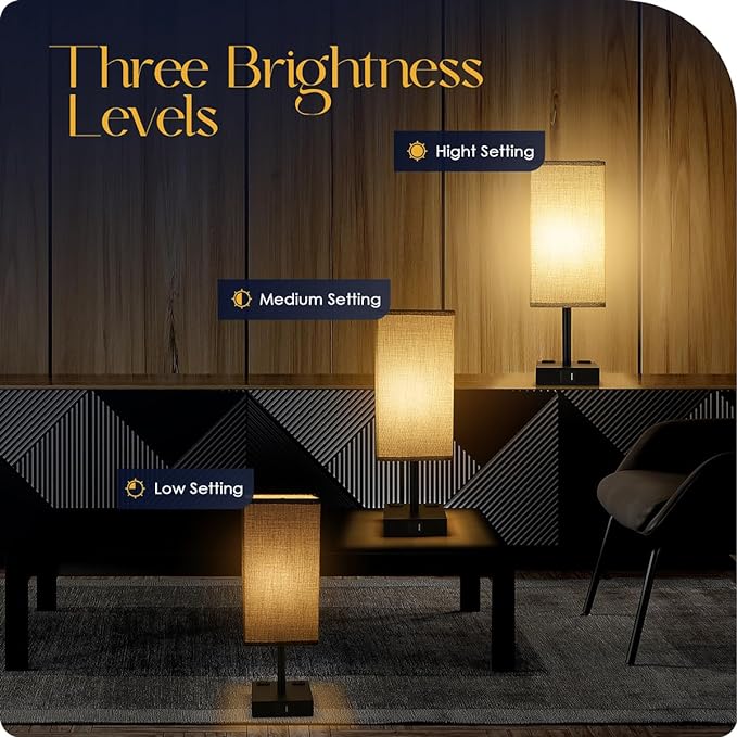 Bedside Table Lamps Set of 2 - Touch Nightstand Lamp for Bedroom with USB C+A Charging Ports & AC Outlets, 3-Way Dimmable Desk Lamp Grey Fabric Shade for Bedroom Living Room, Office(Bulb Included)